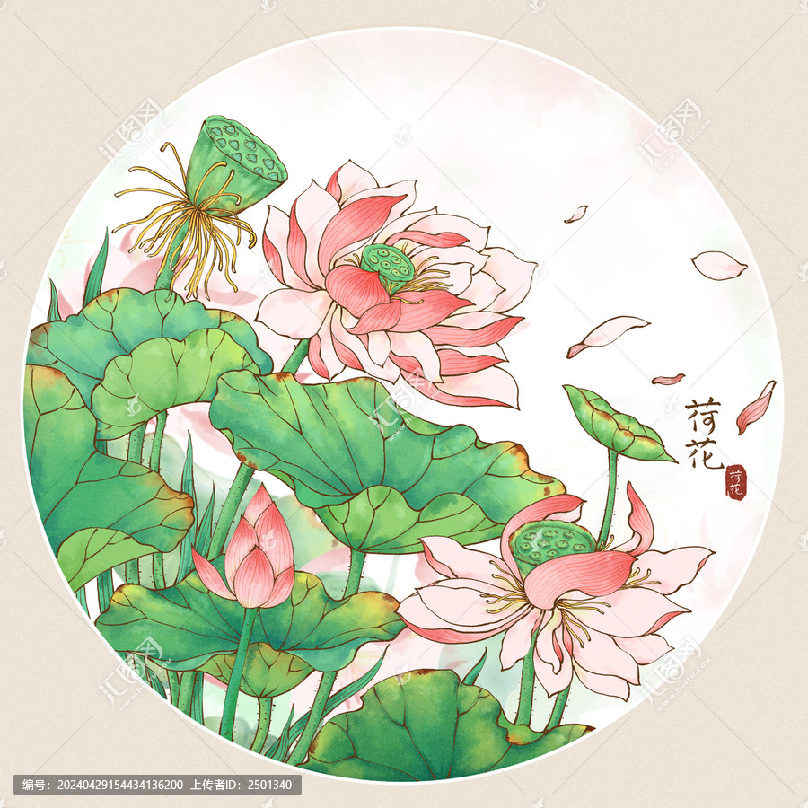 原創(chuàng)手繪水彩風(fēng)重瓣荷花插畫