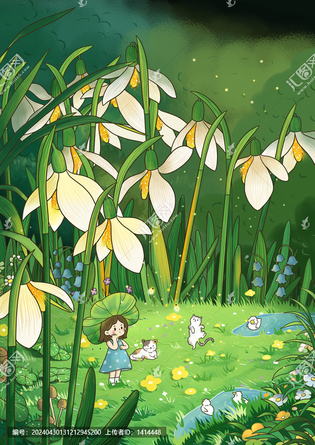 春天蘭花女孩貓咪植物小清新插畫