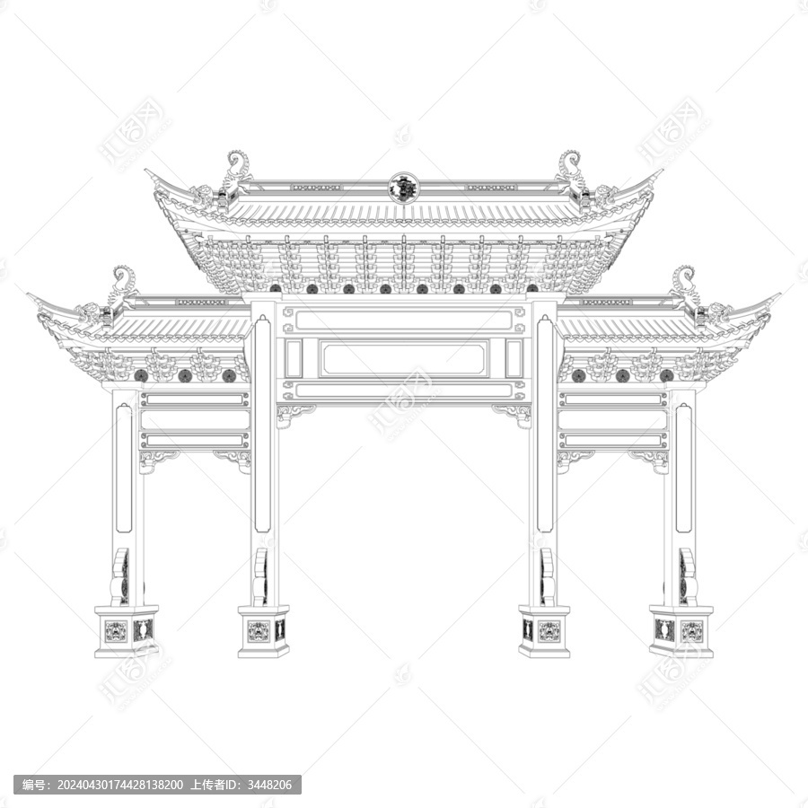 石木牌樓立面線稿圖