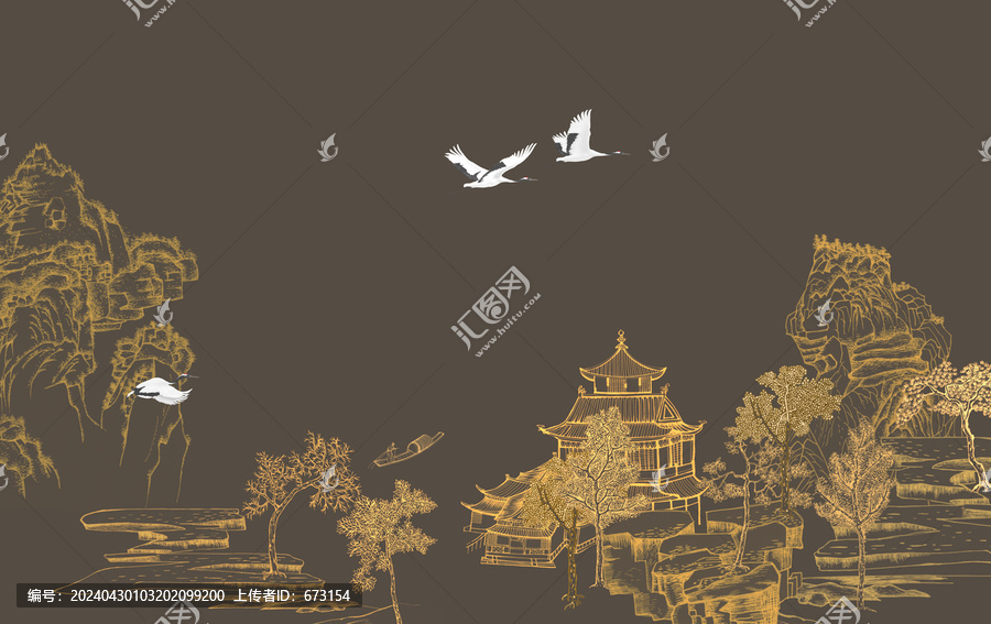 中式線描山水