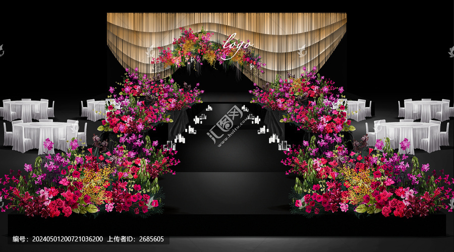 玫紅色花藝婚禮廳內(nèi)