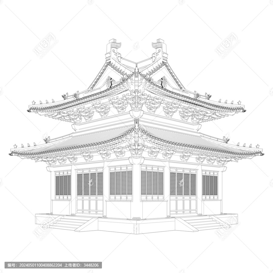 十字歇山殿亭透視線稿圖