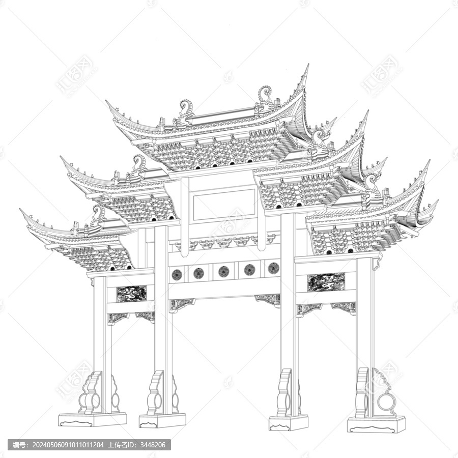 牌樓牌坊透視線稿圖