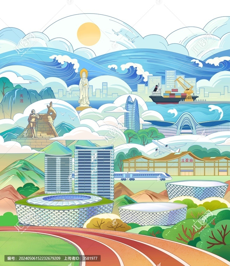 海南三亞建筑插畫
