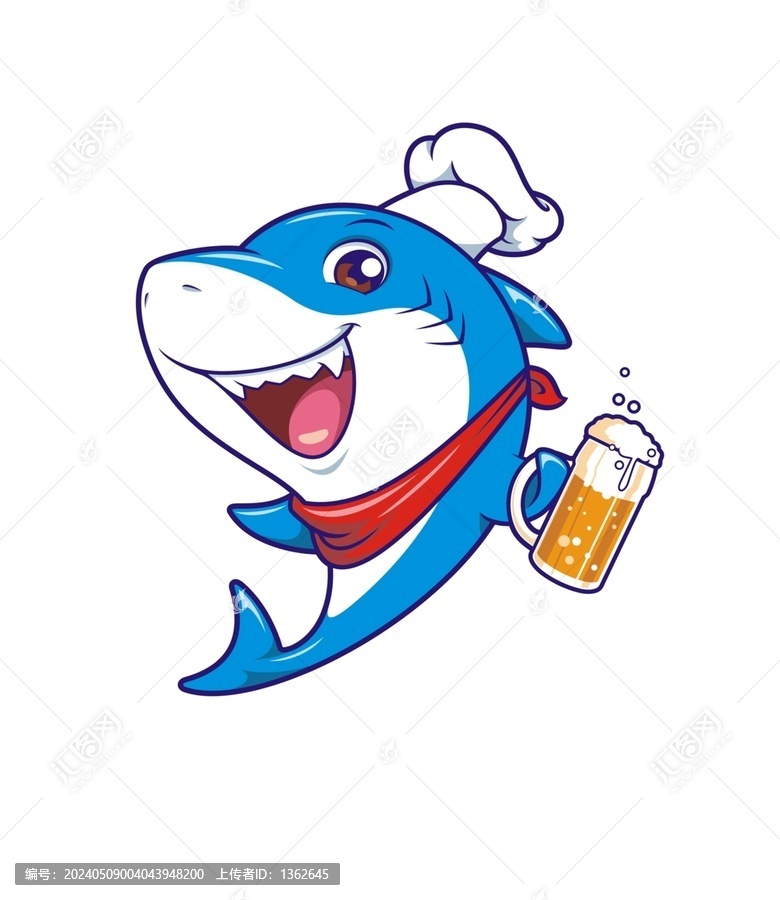 卡通可愛小鯊魚廚師喝啤酒形象