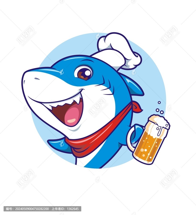 卡通可愛小鯊魚廚師喝啤酒頭像