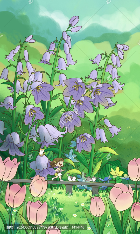春天風鈴草植物女孩插畫