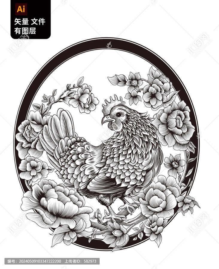 矢量花叢里的雞