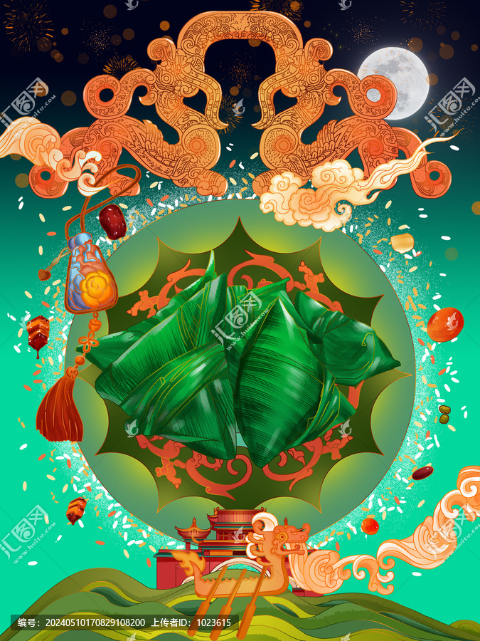 端午節(jié)粽子美食場(chǎng)景插畫