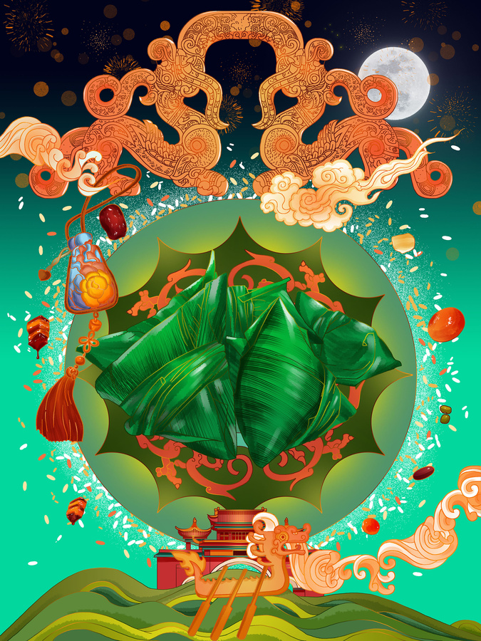 端午節(jié)粽子美食場(chǎng)景插畫