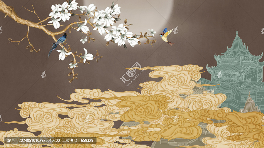 花鳥樓閣祥云背景墻