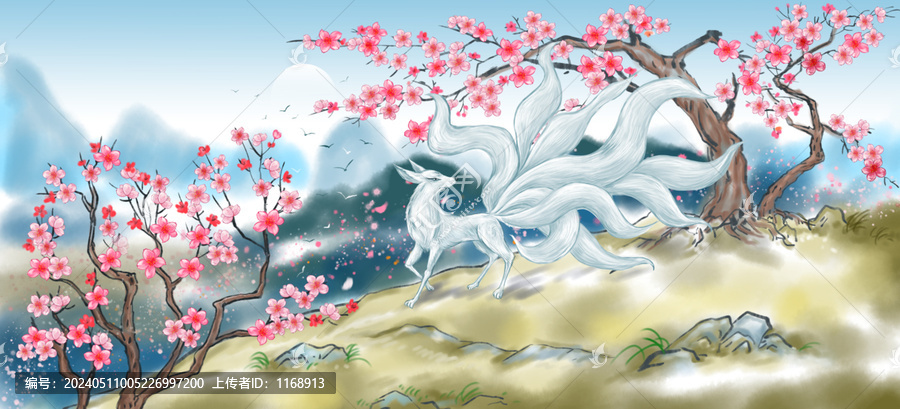 國風九尾狐桃花插畫
