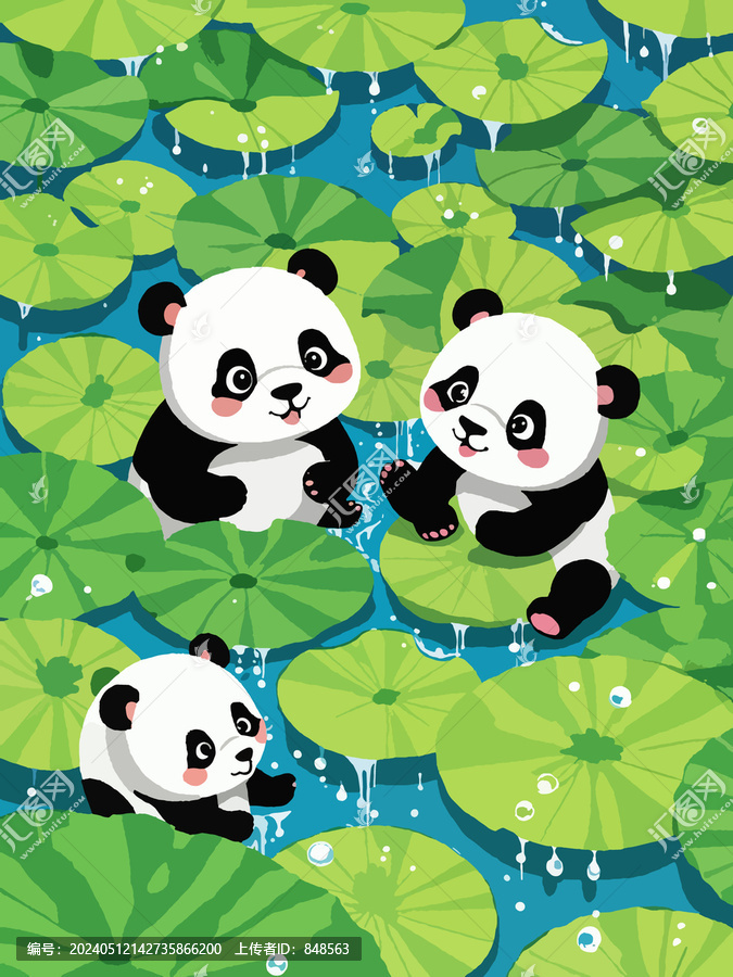 手繪插畫卡通可愛小熊貓夏天荷葉
