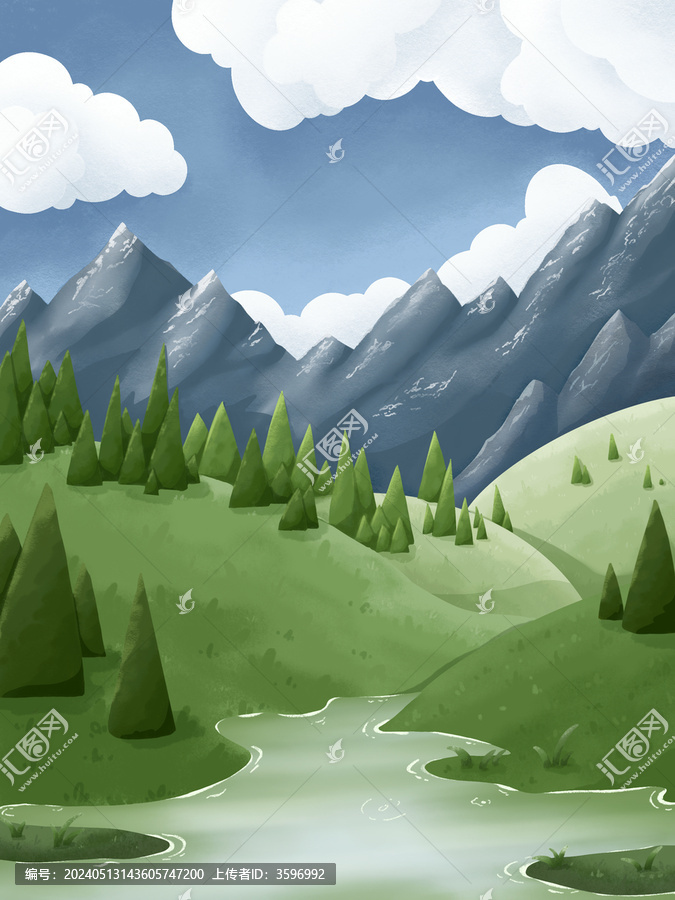 手繪綠色風(fēng)景插畫