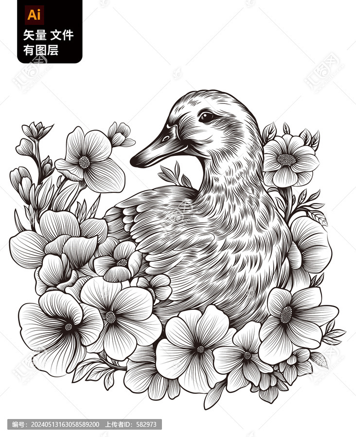 矢量黑白線條鴨子