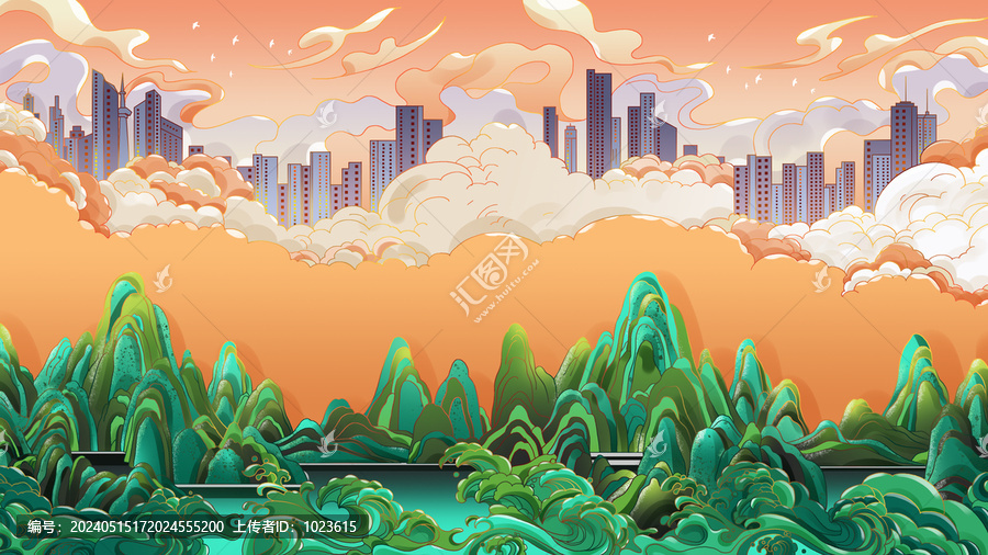 旅游城市山水風景插畫