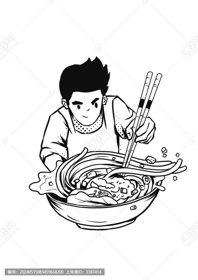卡通男孩吃面手繪