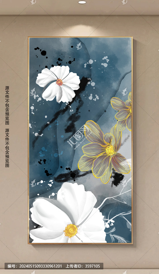 新中式花卉鎏金玄關(guān)裝飾畫