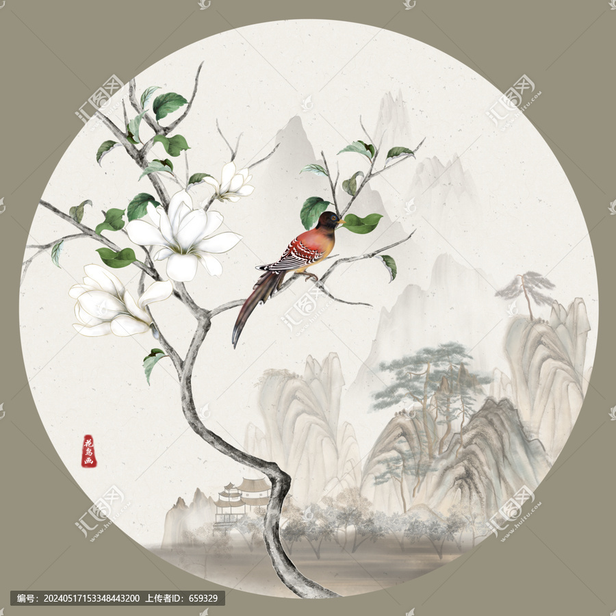 新中式玉蘭花鳥
