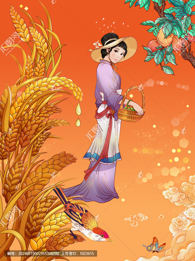 芒種插畫小麥桃子豐收古風(fēng)人物