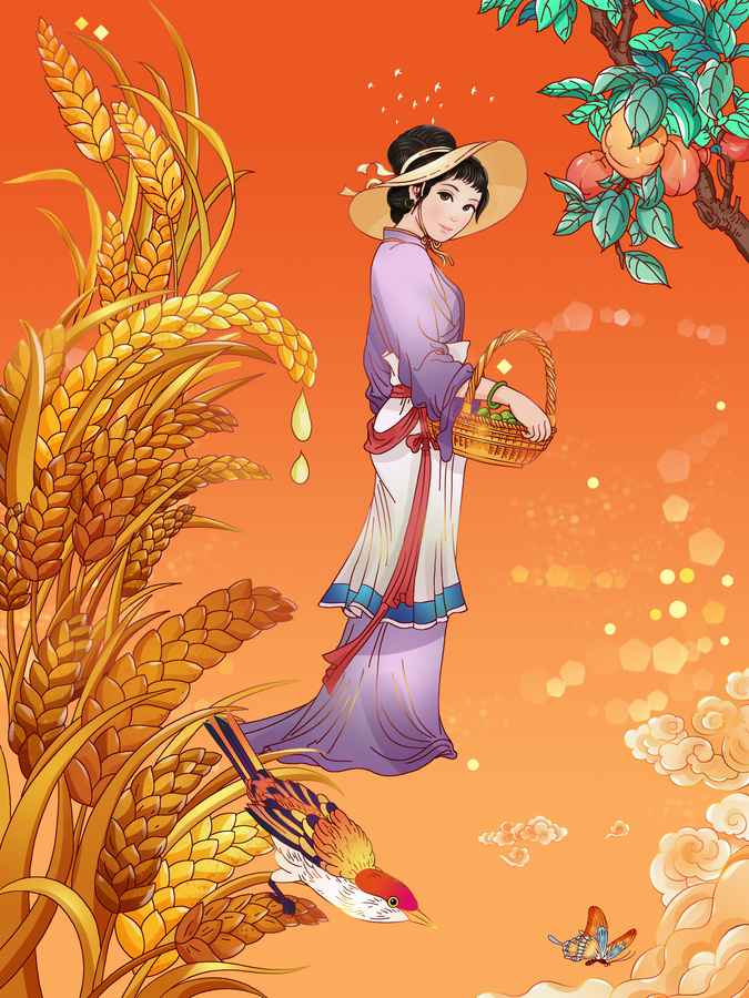 芒種插畫小麥桃子豐收古風(fēng)人物