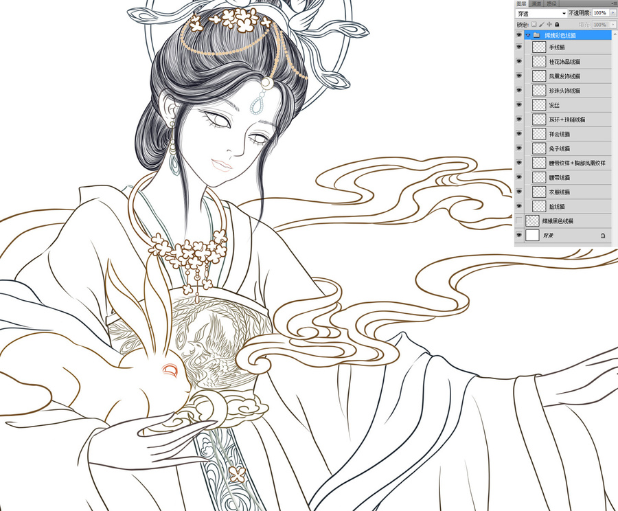 嫦娥線描中秋素材