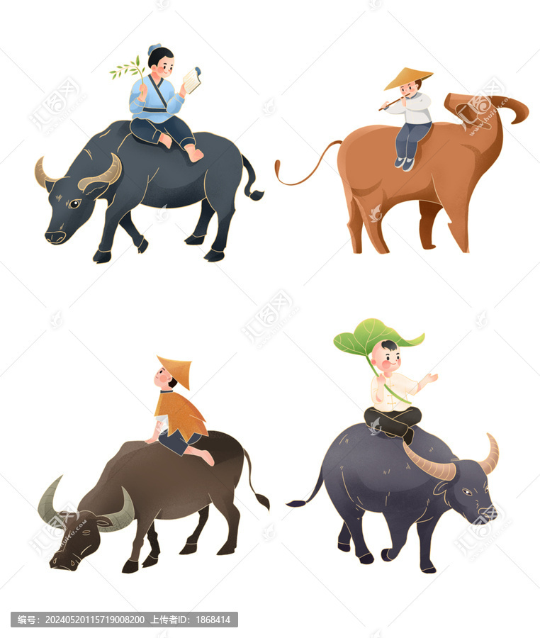 手繪放牛人物插畫