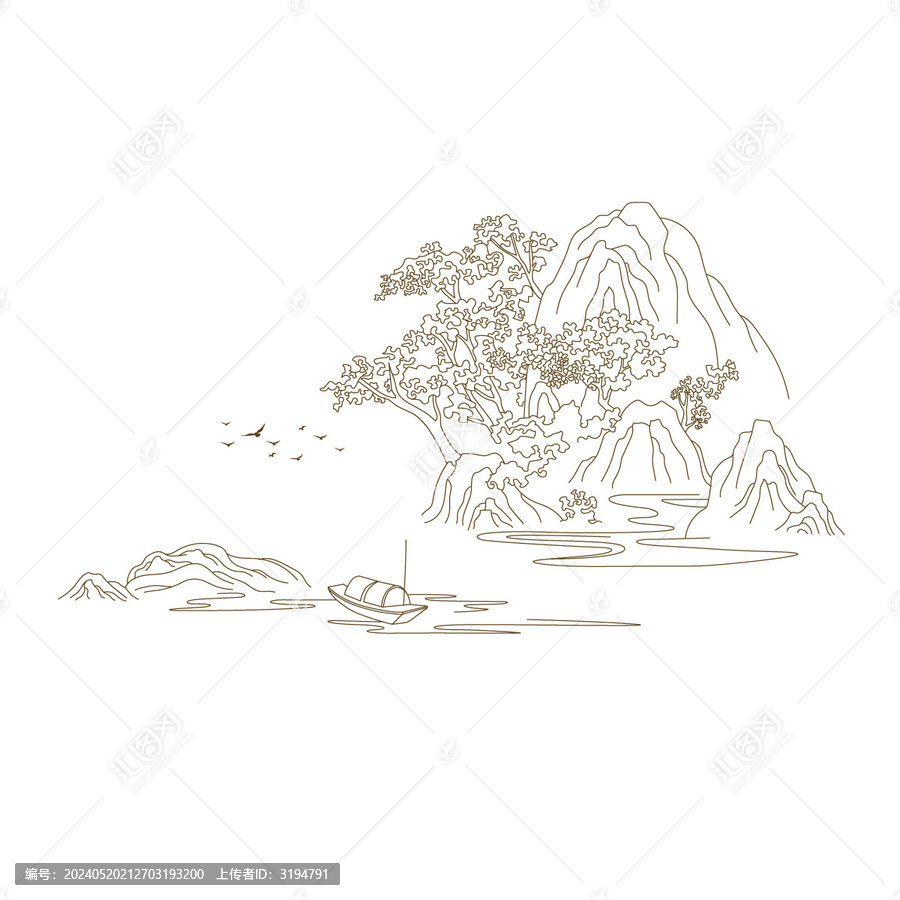 山水線繪矢量雕刻圖案