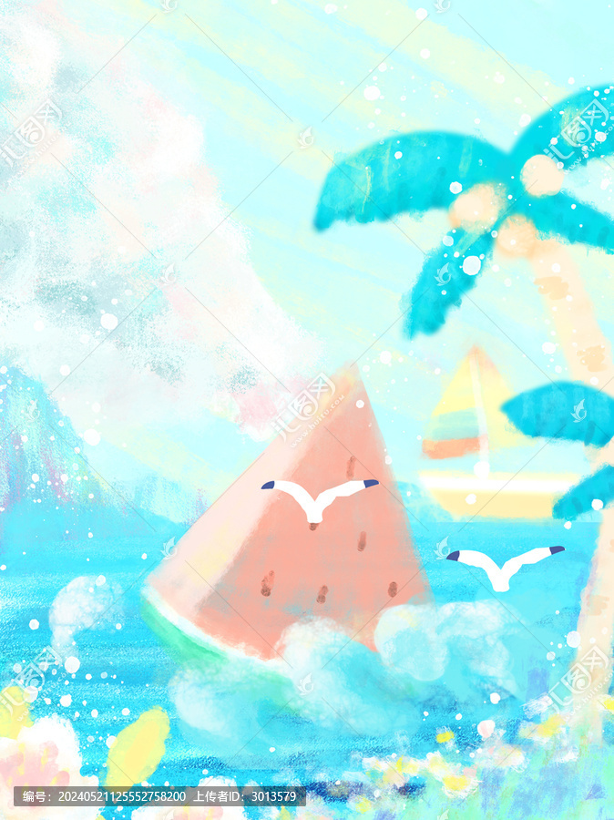 夏季插畫背景大海椰樹西瓜海鷗