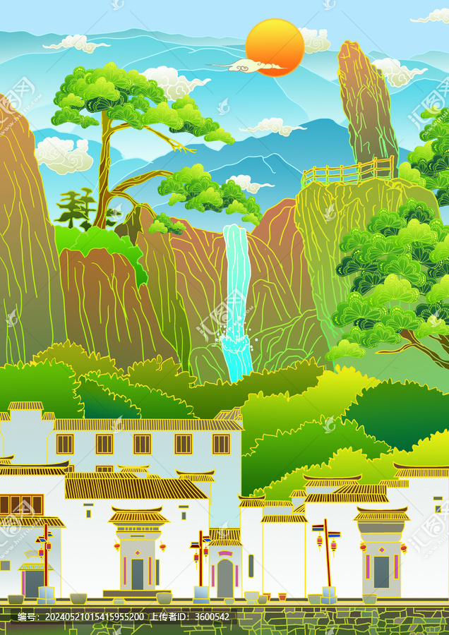 黃山風(fēng)景國潮插畫