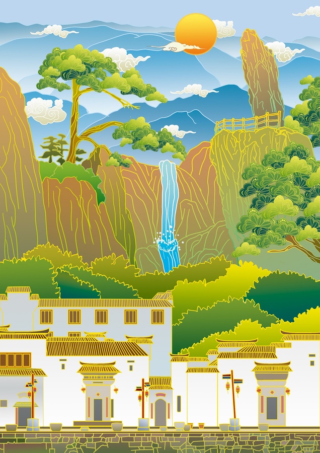 黃山風(fēng)景國潮插畫
