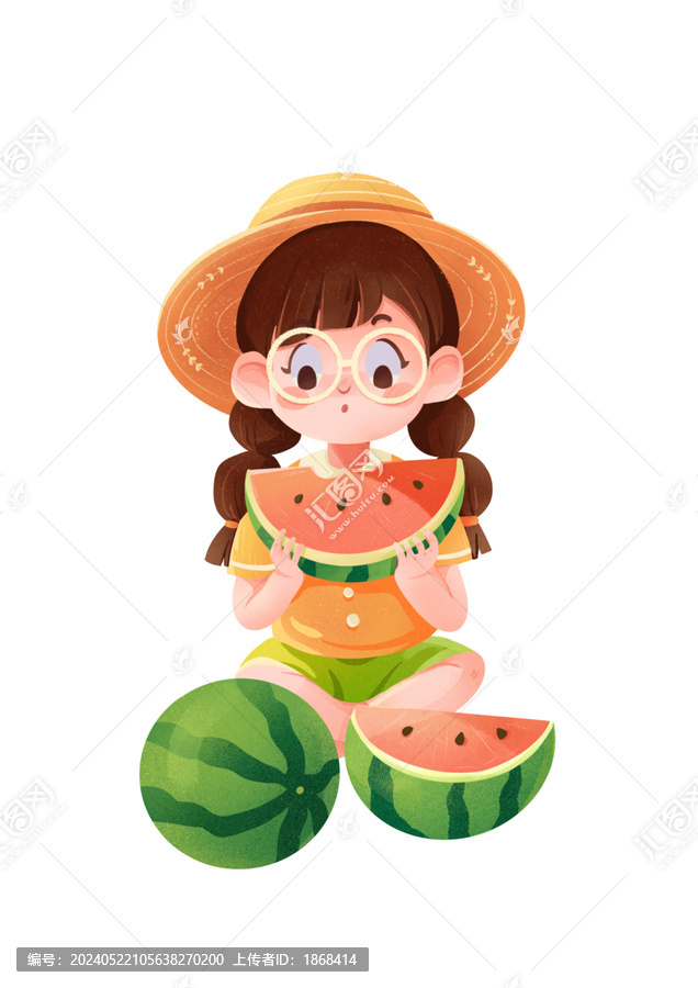 夏日大暑小暑吃西瓜插畫