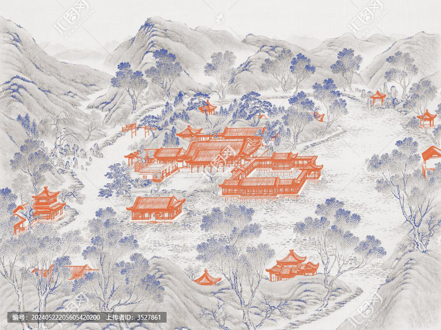 新中式線描山水樓閣