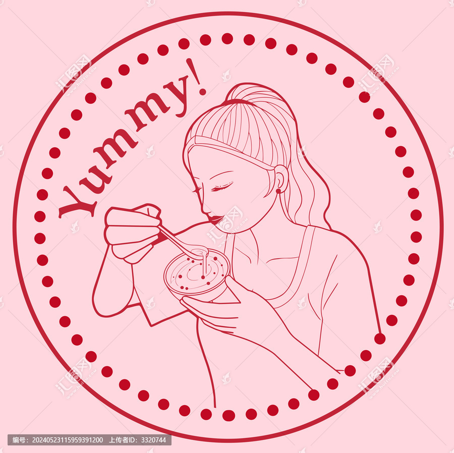 女孩端碗吃甜水圓形插畫