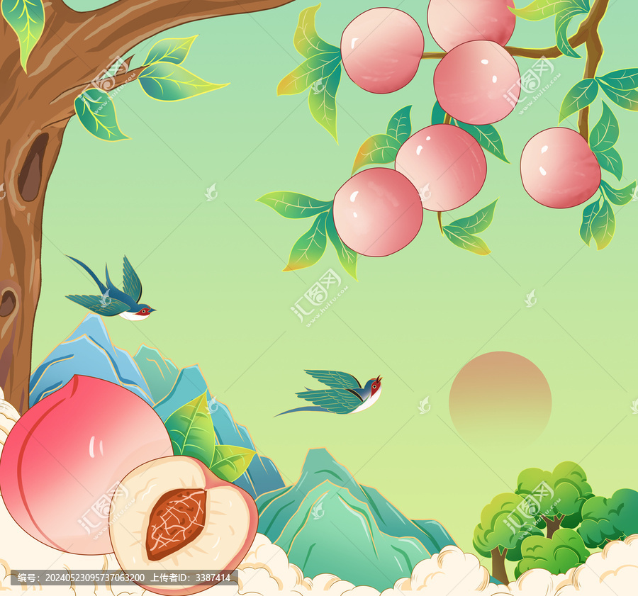 國風水蜜桃手繪插畫