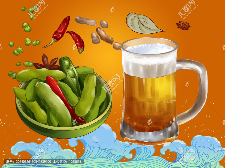 夏日燒烤涼菜啤酒花生毛豆插畫