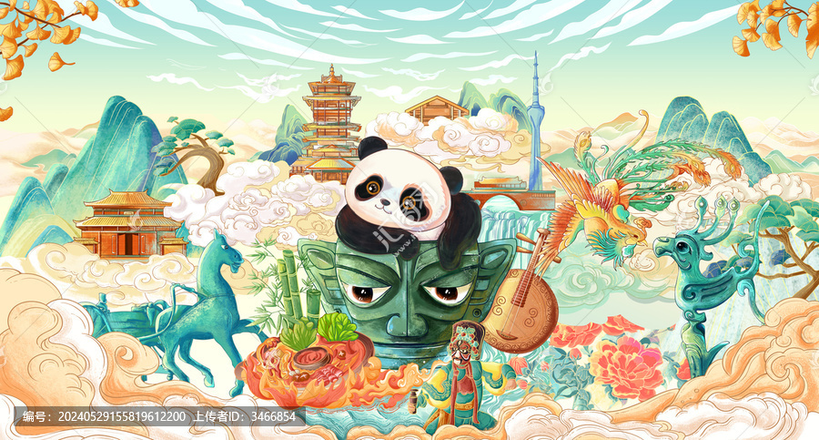 三星堆面具熊貓國風(fēng)插畫