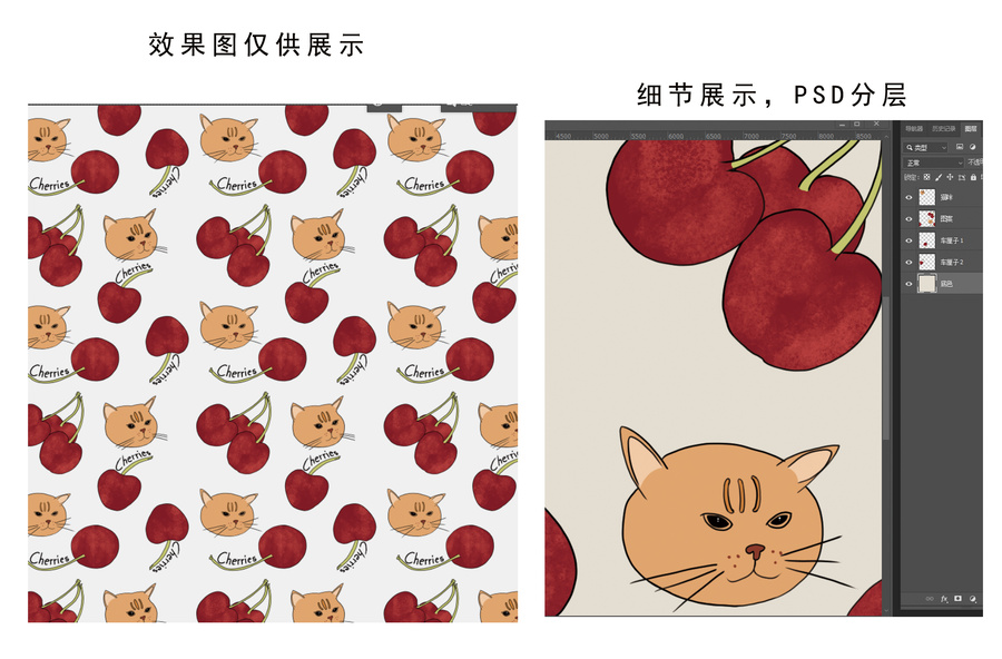 櫻桃貓咪四方連續(xù)圖案
