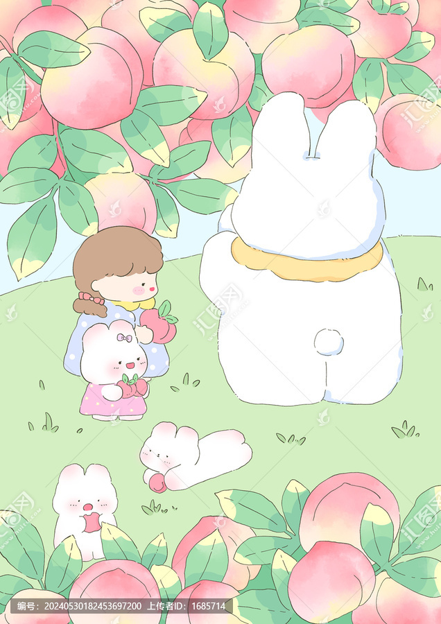 卡通治愈系小兔子小女孩摘桃子