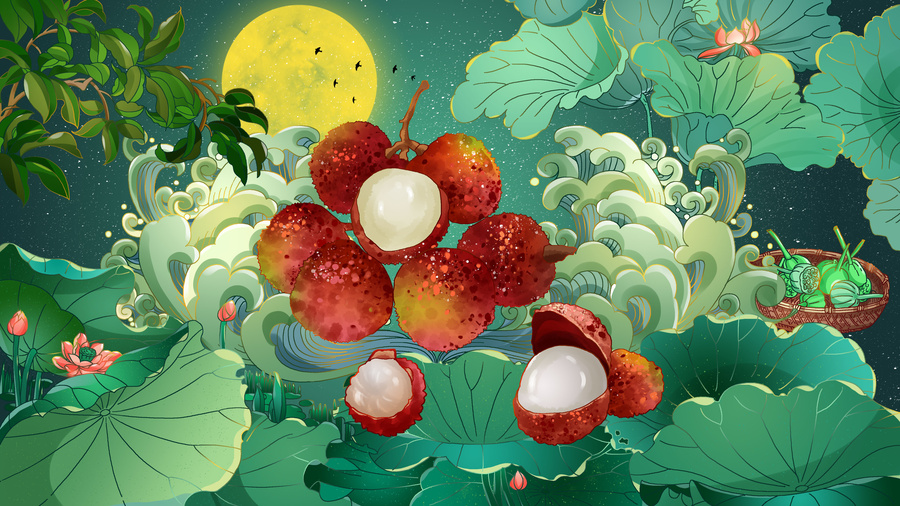 簡約荔枝水果荷花夏至節(jié)氣插畫