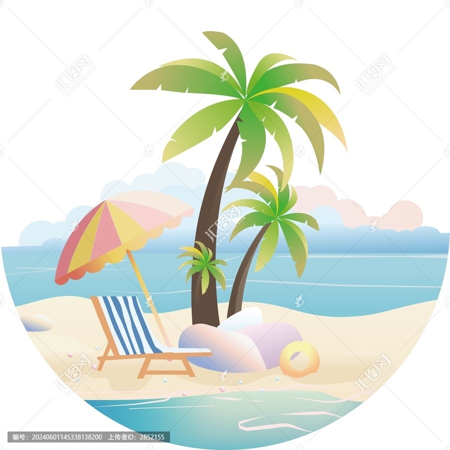 夏天在海邊的沙灘旅游度假插畫