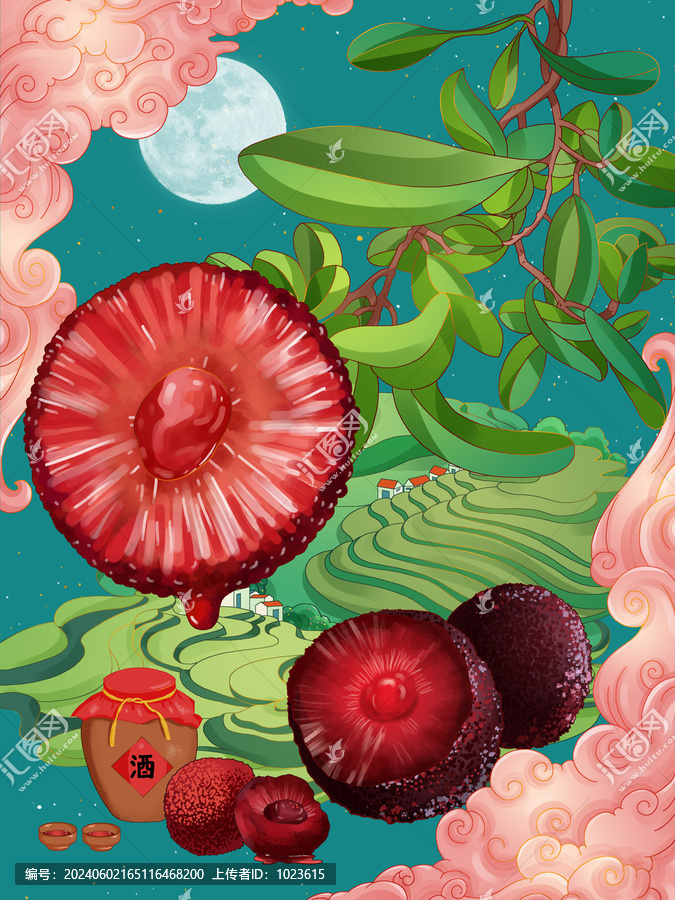 初夏楊梅水果包裝盒工筆畫插畫