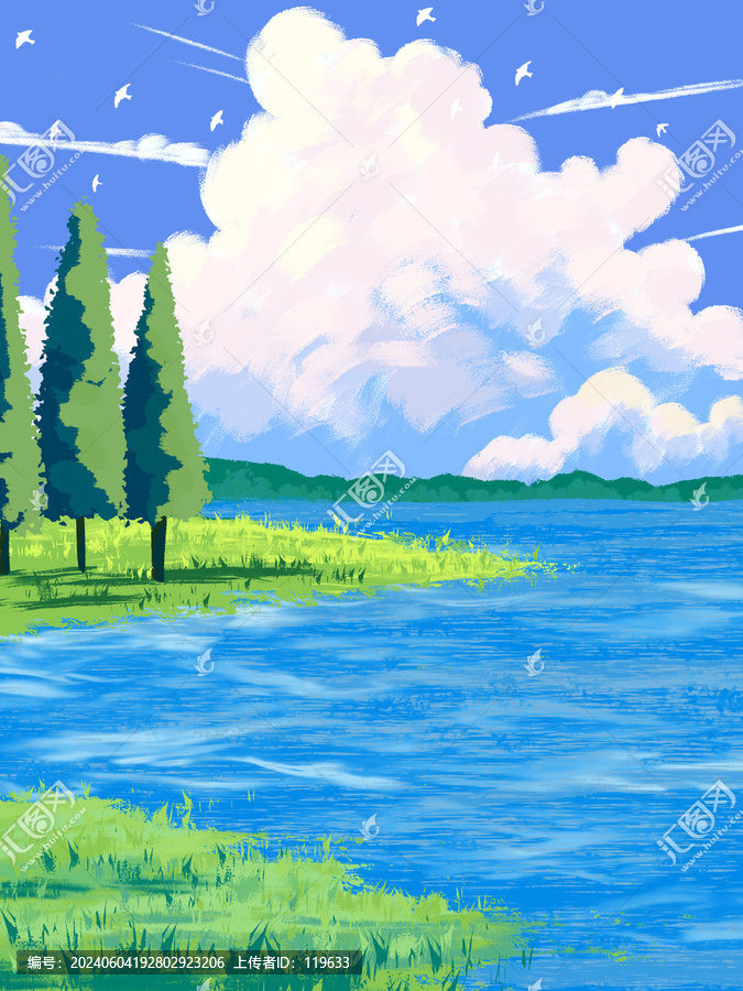 手繪湖邊風(fēng)景