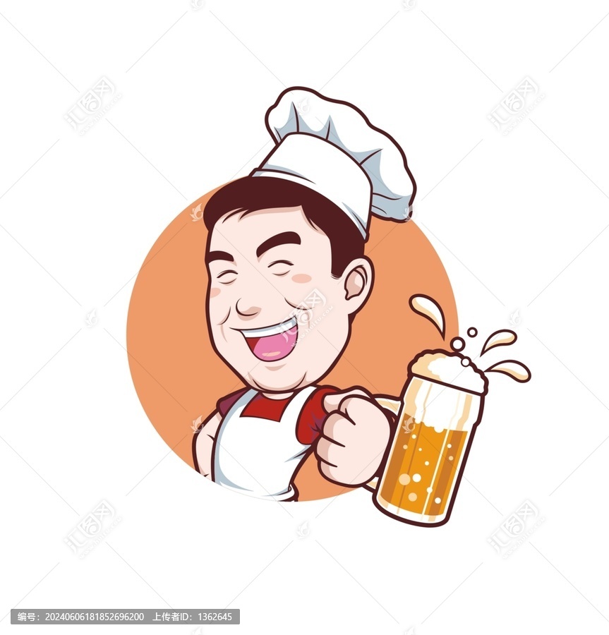 卡通中年廚師喝啤酒頭像矢量圖