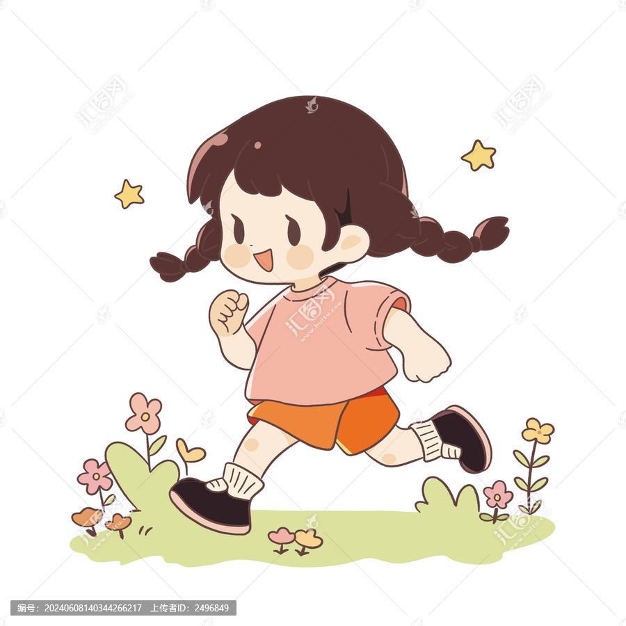 花叢奔跑的小女孩簡筆畫
