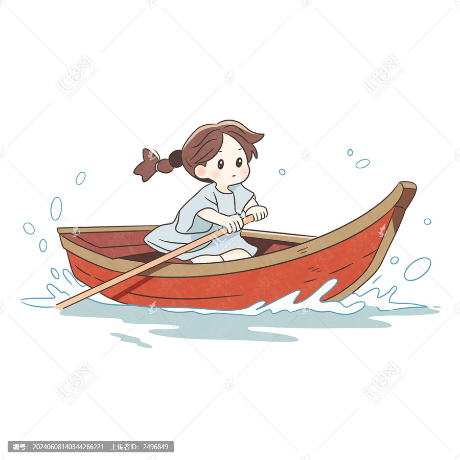劃船的小女孩卡通簡筆畫圖案