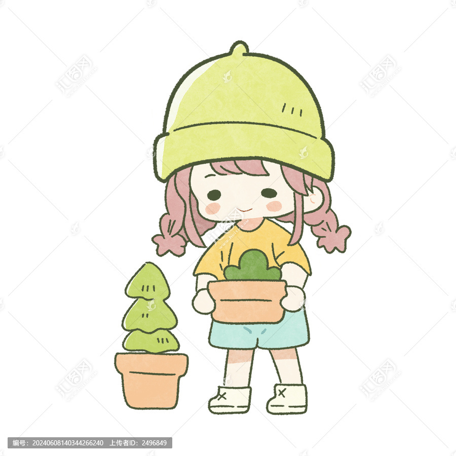女孩盆栽綠色環(huán)?？蓯酆?jiǎn)筆畫圖案