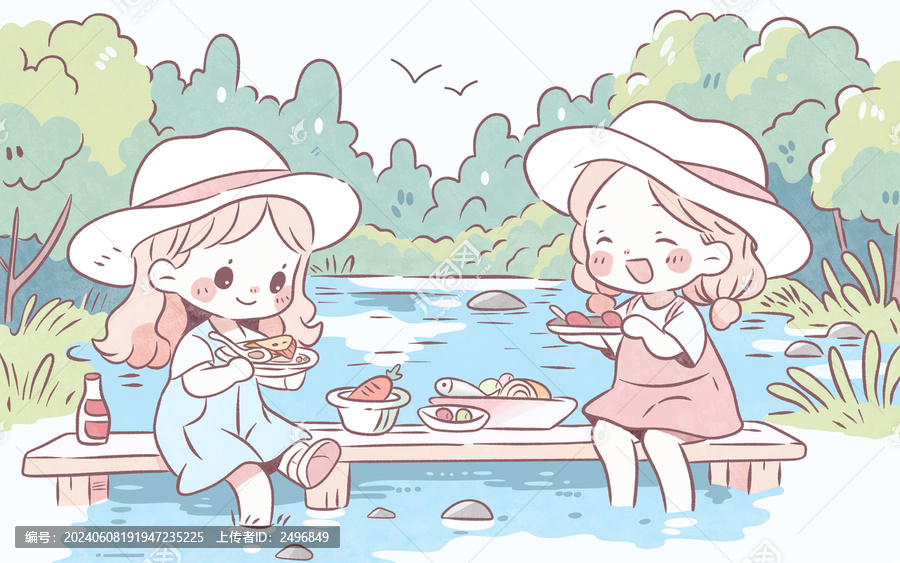 野外郊游夏日女孩簡筆畫插畫