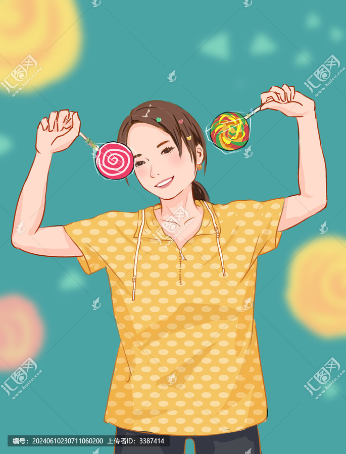 拿著棒棒糖的可愛女生手繪