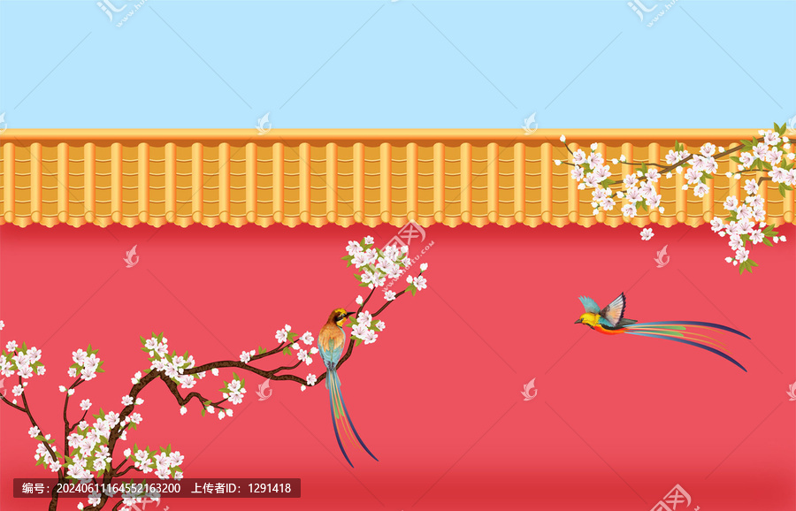 金瓦紅墻古風(fēng)花鳥(niǎo)背景